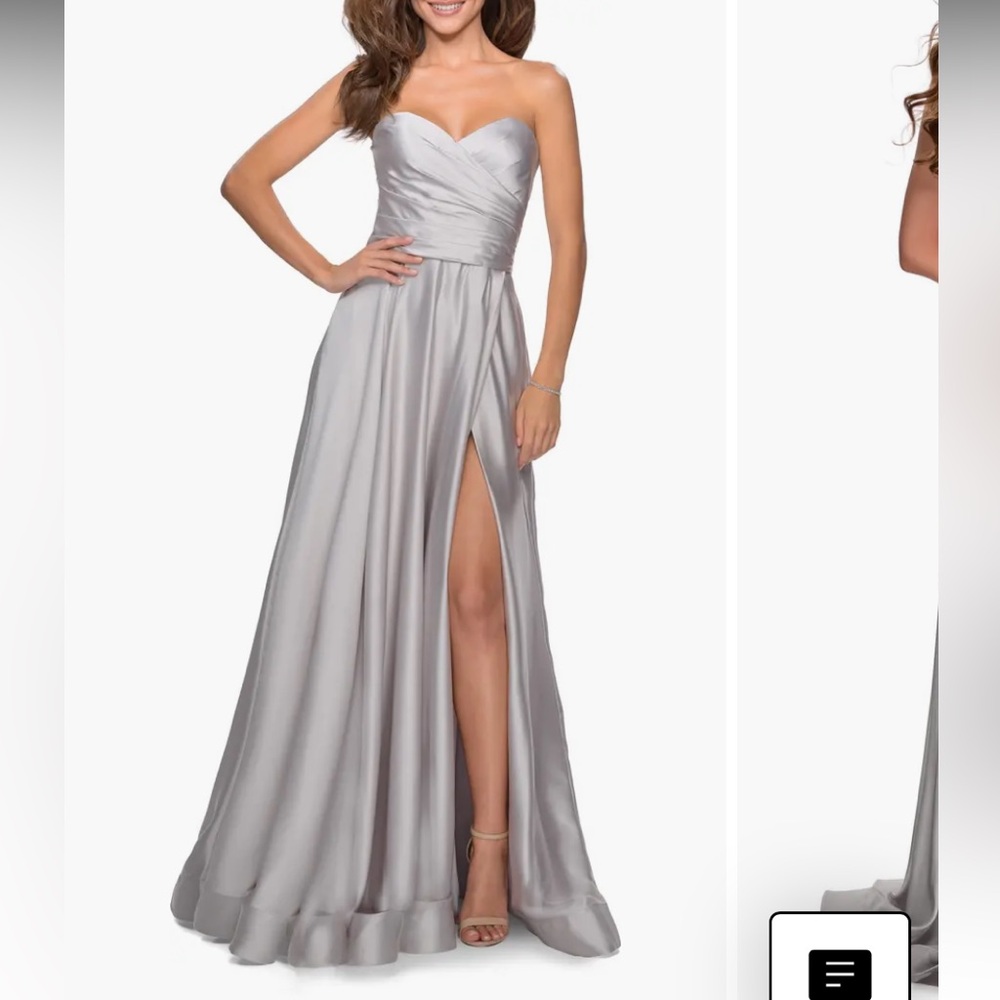 La Femme Strapless Silver Champagne Gown